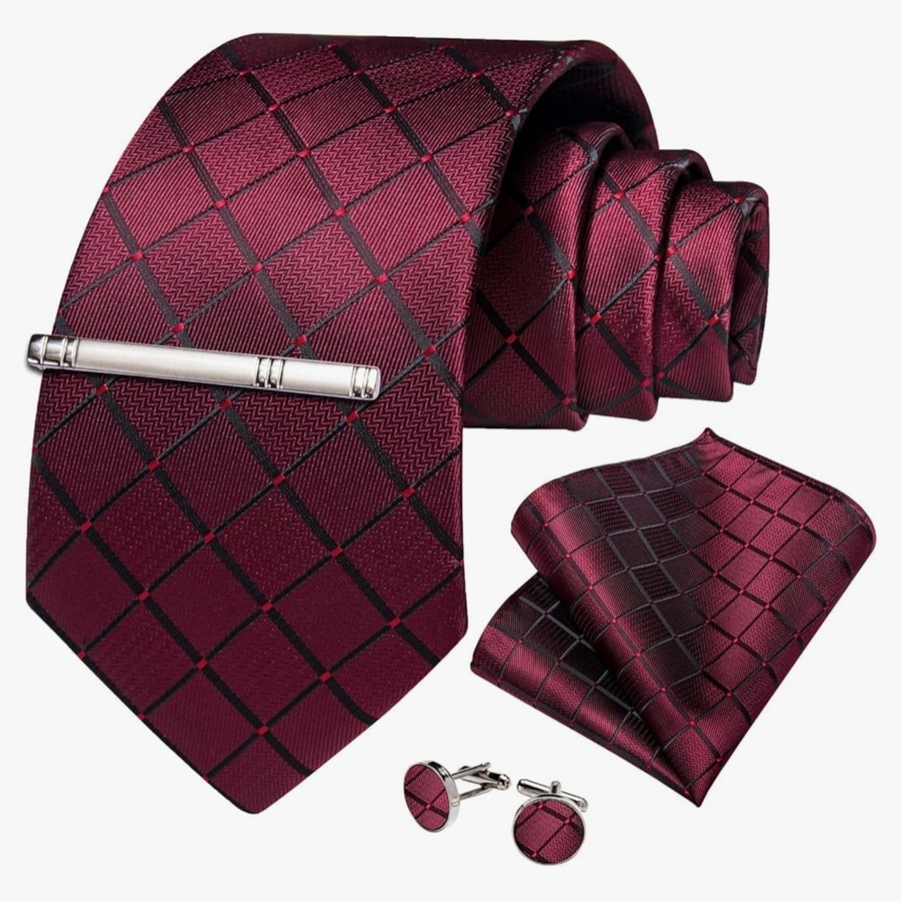 Silk Tie, Pocket Square, Cufflink Clips, Tie Clip Set